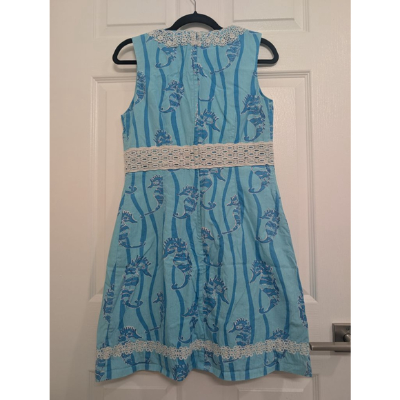 Women's Vintage Lilly Pulitzer Mini Dress Size 10 Blue White Seahorse Print Lace - Picture 6 of 10